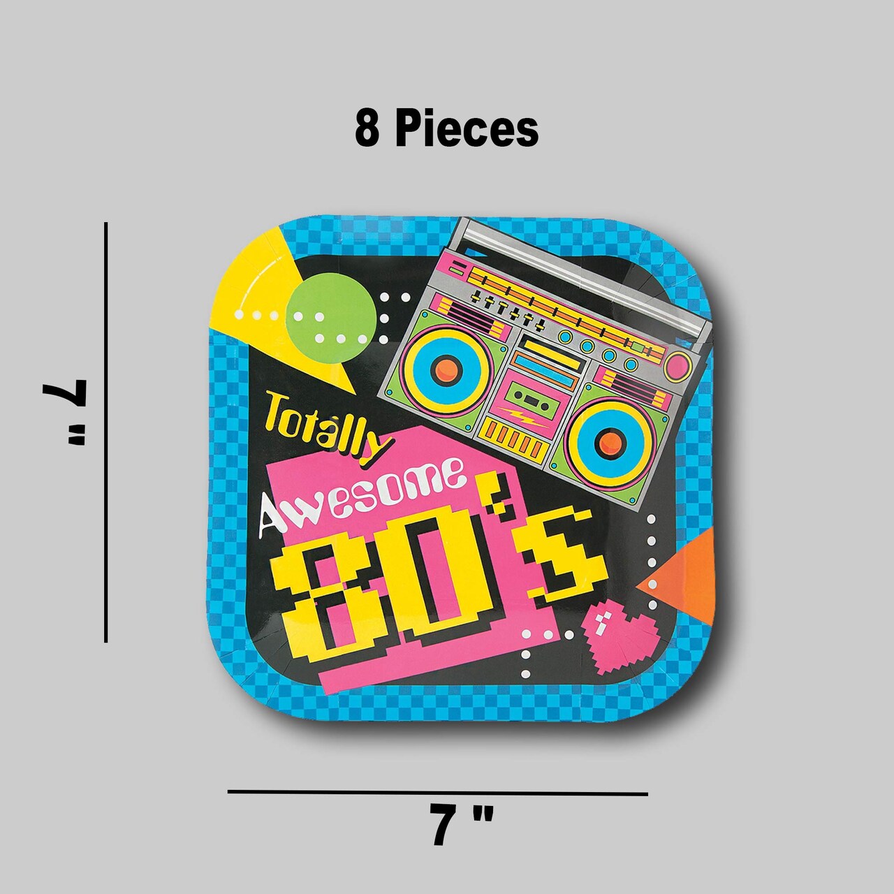 8 Ct. 80's Party Square Dessert Plates Neon Boombox Design 7" Paper Plates